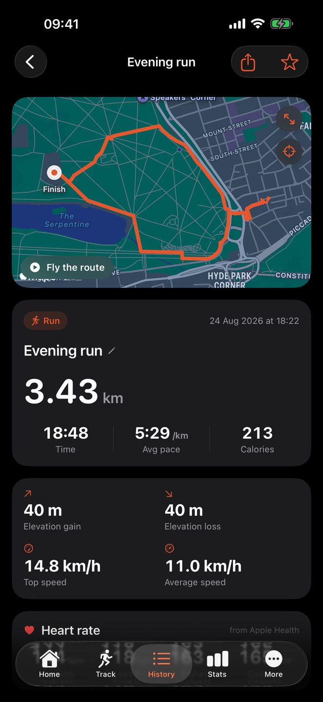 An activity showing the route drawn on a map of Hyde Park, with distance, time and pace.