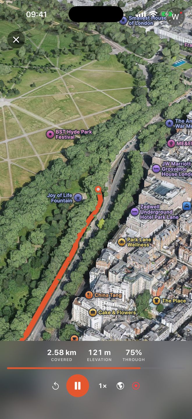 The route flown over 3D terrain, following Park Lane past Hyde Park.