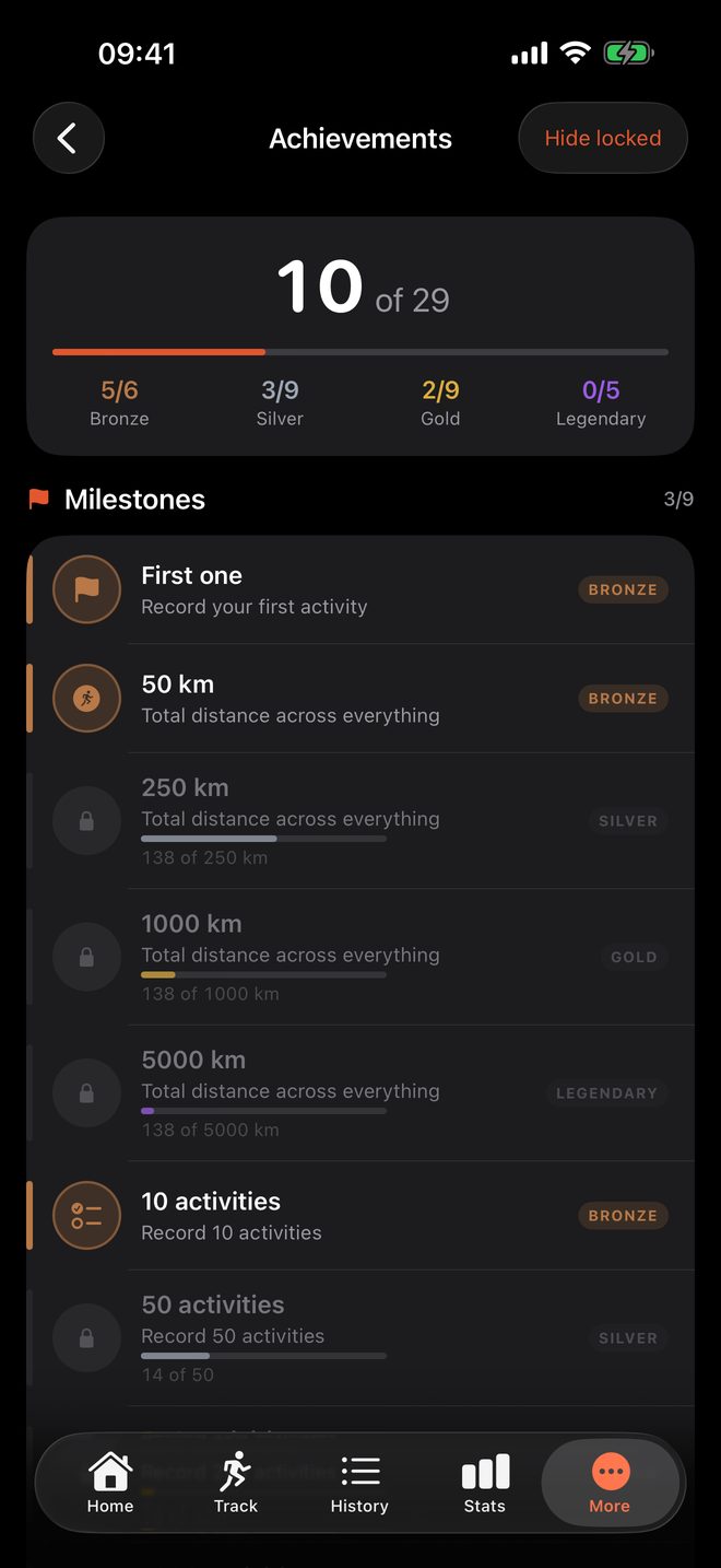 Achievements grouped by category, with progress towards the ones not yet earned.